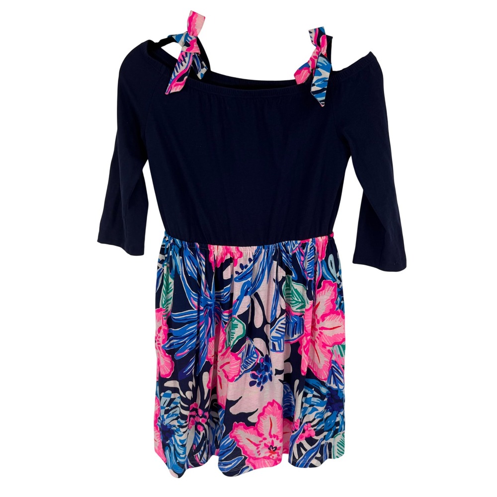 Lilly Pulitzer Minisa Dress High Tide Navy Girls Size XL 12/14 Cold Shoulder